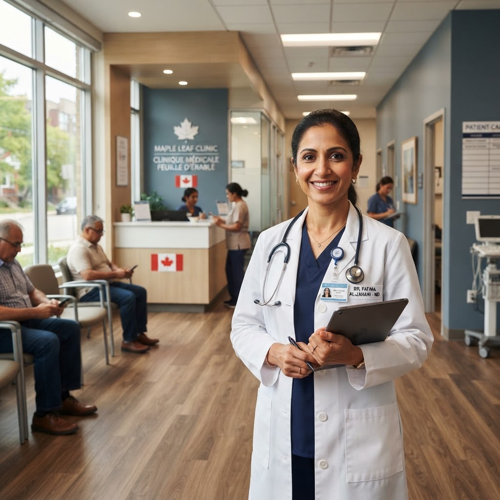 Foreign-trained doctor in a Canadian clinic hallway