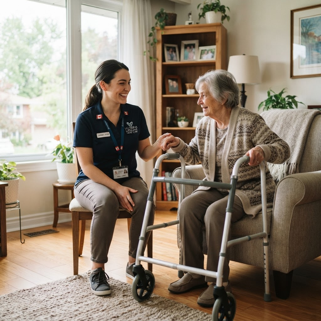 Personal support worker caring for an elderly person at home in Canada