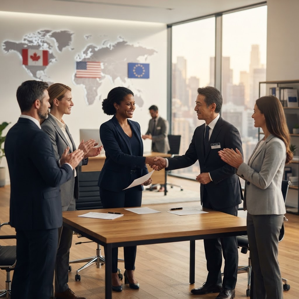 Business professionals collaborating on an international trade agreement work permit