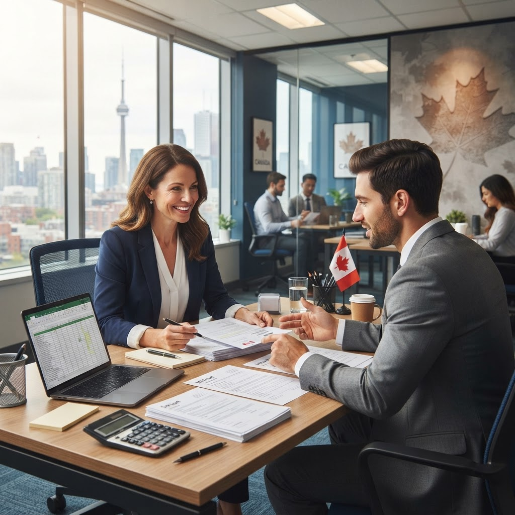 HR manager and employer reviewing hiring documents in a Canadian office